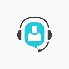Customer support helpdesk symbol, hotline communication emblem, assistant operator phoning badge, abstract headphones, bubble speech, agent user talking, flat icon modern design sign.