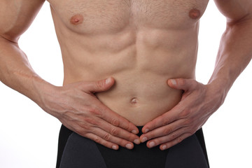 Obraz premium Man with stomach pain. Digestive system, Urinary Tract Infection problems.