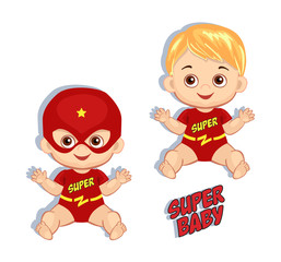 Illustration cute baby boy in the costume of a superhero. Vector illustration isolated on white background.