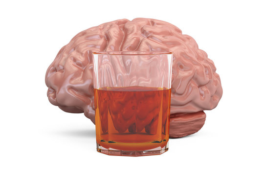 Brain and glass with alcohol drink, alcoholism concept. 3D rendering