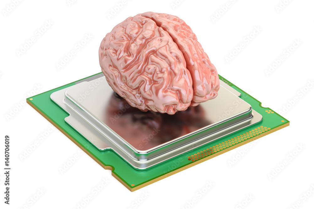 Poster human brain with computer processor, 3d rendering