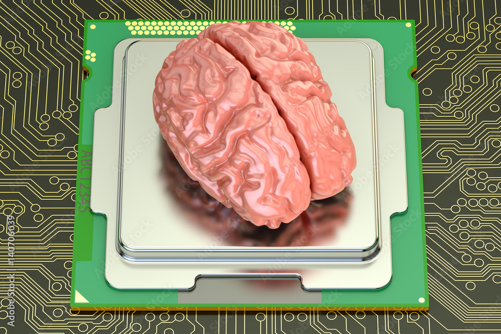 Poster human brain with computer processor, artificial intelligence concept. 3d rendering