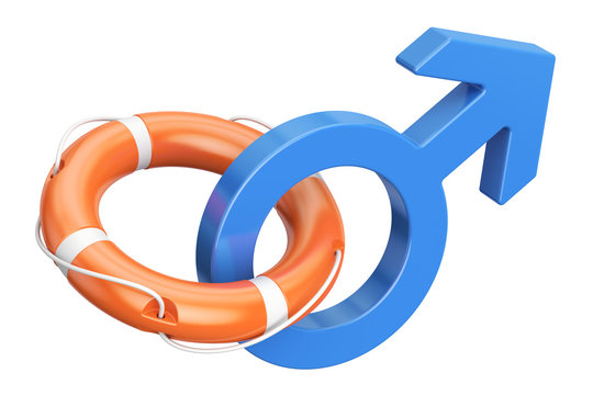 Male gender symbol with lifebuoy, support and help for man concept. 3D rendering