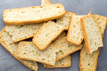 Garlic and herb bread slices. Eco food.
