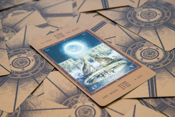 Fototapeta na wymiar Tarot card The Moon. Labirinth tarot deck. Esoteric background.