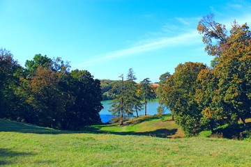 beautiful lake in the forest with hills