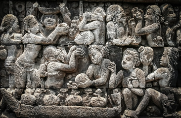 Wall reliefs in Borobudur temple