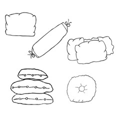 Pillows of different forms drawn in line art. Symbol for bedtime and sleep, boys and girls bed