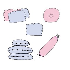 Pillows of different forms drawn in line art and coloured with blue and pink. Symbol for bedtime and sleep, boys and girls bed