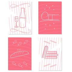 Vector illustration Danish hygge concept of belonging to moment and enjoying simple things: wine bottle and glass, fresh bread, some books, sled. Unique collection of card templates.