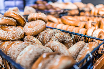 Closeup of many bagels in bakery - Powered by Adobe