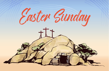 Drawing vector Calvary, Cross, cave resurrection
