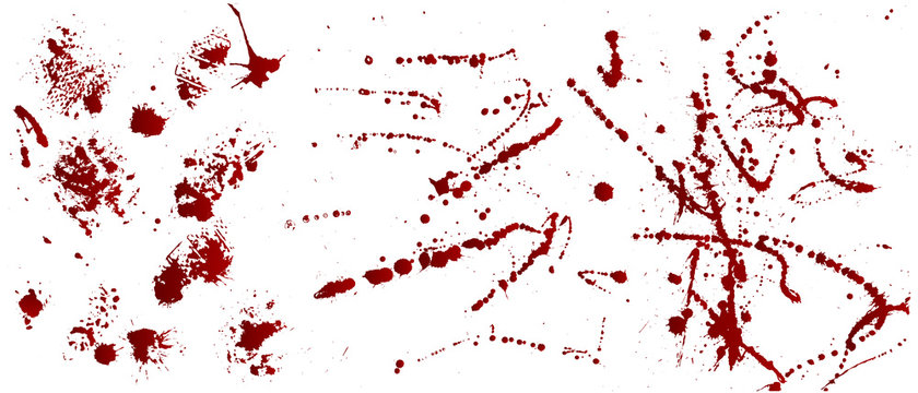 Set of various blood or paint splatters,Vector Set of different blood splashes, drops and trail. Isolated on white background.