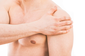 Man with shoulder pain over white background