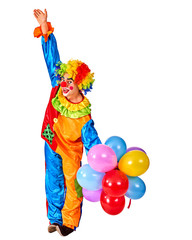 Birthday child clown in wig and costume with balloons bunch on isolated. Events organizer man hand up on white background .