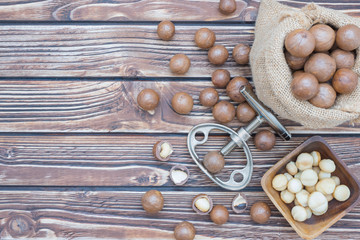 Macadamia nuts in sack and bowl
