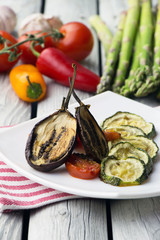 Roasted zucchini, roasted eggplants and roasted bell peppers with tomato sauce. 