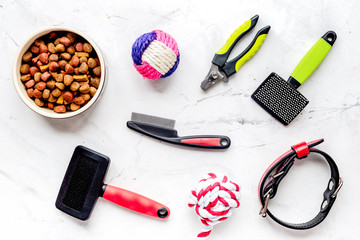 concept pet care and training on stone background top view