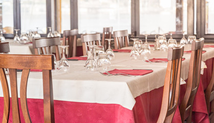 Table set with red and white clothes