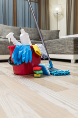 Cleaning service. Bucket with sponges, chemicals bottles and mopping stick. Rubber gloves and towel. Household equipment.