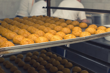 Freshly baked small breads in the bakery