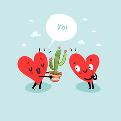 Cute hearts characters. Man giving Cactus to woman