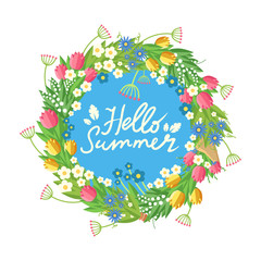 Flower wreath with hand drawn Hello Summer headline