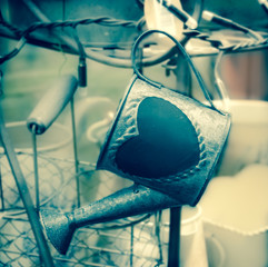 Cultivate your Love! Valentines day background. Watering can with heart shape and other garden equipment. Toned image.
