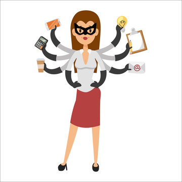Superhero business woman character vector illustration success cartoon power concept strong person silhouette leader team personal assistant