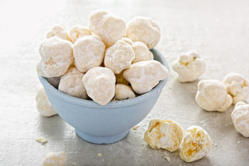 Toffee popcorn coated in white chocolate
