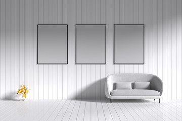 3D Rendering : illustration minimalism interior of three blank black photo frame hanging on white tile wall with shiny floor and white fabric sofa,clipping path included,for your image advertising