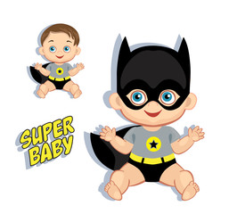 Illustration cute baby boy in the costume of a superhero. Vector illustration isolated on white background.