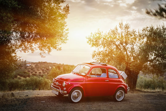 Beautiful vintage car parked in mediterranean hills