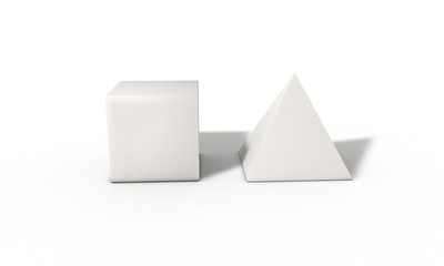 Cube and pyramid on lasting white, 3d render