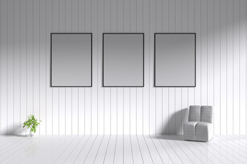 3D Rendering : illustration minimalism interior of three blank black photo frame hanging on white tile wall with shiny floor and white fabric sofa,clipping path included,for your image advertising