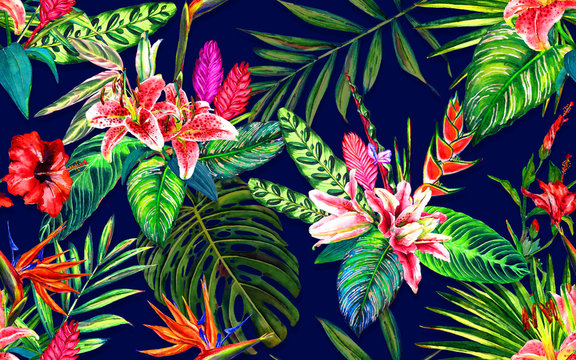 Seamless tropical floral pattern. Hand painted watercolor exotic leaves and flowers, on blue background. Textile design.