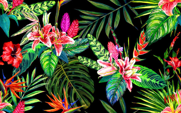 Seamless tropical floral pattern. Hand painted watercolor exotic leaves and flowers, on black background. Textile design.