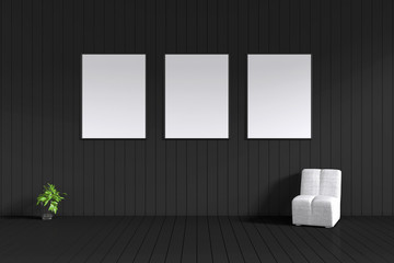 3D Rendering : illustration minimalism interior of three blank black photo frame hanging on black tile wall with shiny floor and white fabric sofa,clipping path included,for your image advertising