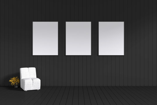3D Rendering : illustration minimalism interior of three blank black photo frame hanging on black tile wall with shiny floor and white fabric sofa,clipping path included,for your image advertising