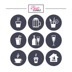 Cocktail, beer icons. Coffee and tea drinks.