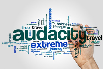 Audacity word cloud concept on grey background