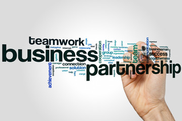 Business partnership word cloud concept on grey background