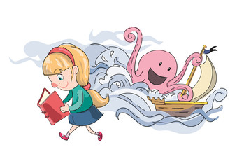 Niña leyendo y caminando con Kraken