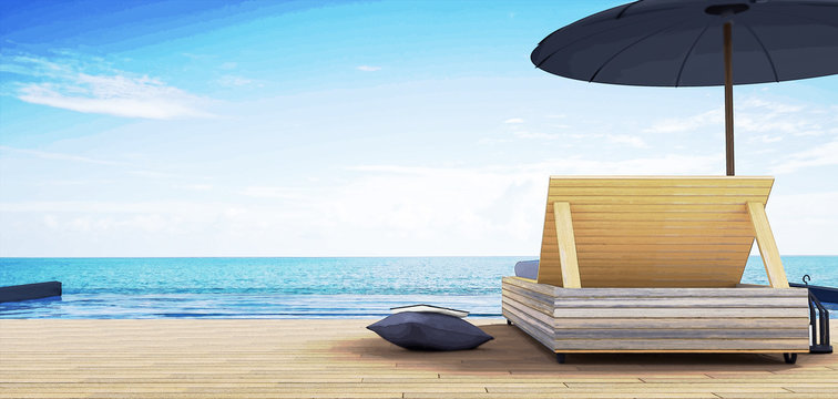 3D Rendering : illustration of Beach lounge - Sundeck and Sea view for vacation and summer on brown wooden floor.minimalism style.time to rest concept. filtered image to comic halftone