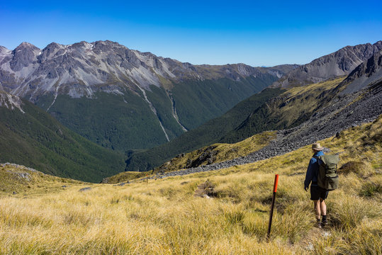 Man Hiking over the Travers Saddle, Nelson Lakes, National Park, New Zealand