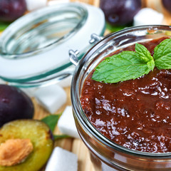 Plum jam in a jar. Homemade fruit jam