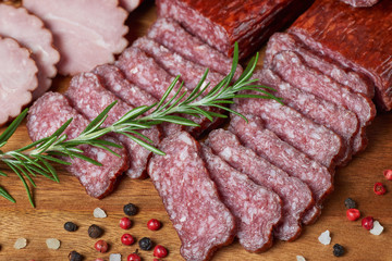 Set of cold cuts on a wooden board. Mix of sausages