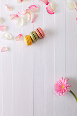 Macaroon cakes with pink rose petals and Gerbera flower. Different types of macaron. Colorful almond cookies. On white wooden rustic background.