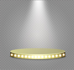 Golden podium on a transparent background.the podium of winners with bright lights.spotlight.lighting.vector illustration.attention.