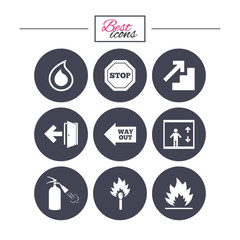 Fire safety, emergency icons. Extinguisher sign.